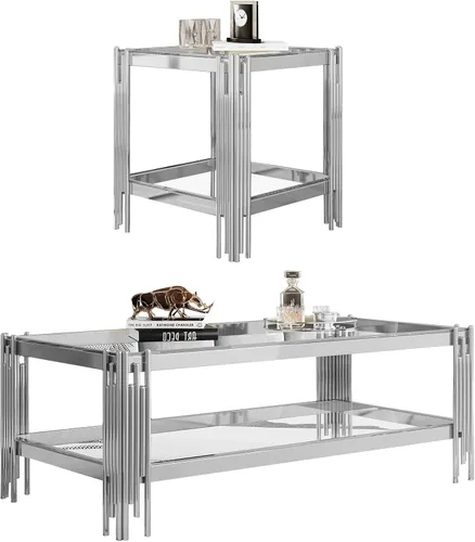 Vista 26 de Mesa auxiliar rectangular de vidrio de 48 pulgadas, mesa de centro de 2 niveles con parte superior de vidrio templado negro, patas de acero