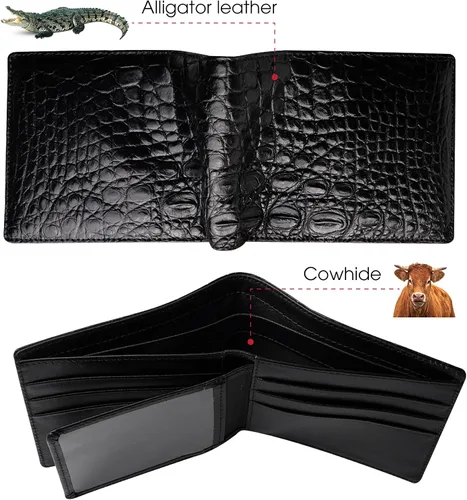 Vista 2 de HATA Cartera plegable de cocodrilo para hombre hecha a mano para vientre o bocina con bloqueo RFID por vietnamita Bifold-Black-Croc Belly Vintage