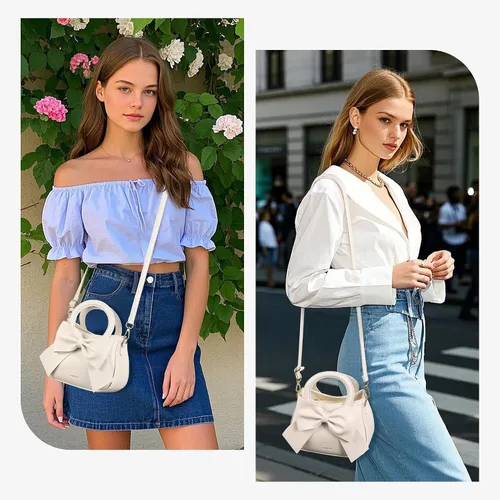 Vista 2 de Bolsos pequeños para mujeres tipo bandolera, bolso cruzado de cuero vegano y carteras con asa superior de transporte y lindo nudo de lazo