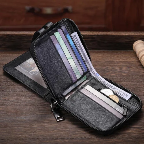 Vista 95 de LUKZIJAES Billetera de cuero genuino para hombre, con bloqueo RFID, delgada, plegable, bolsillo frontal, #3-Café, Vintage