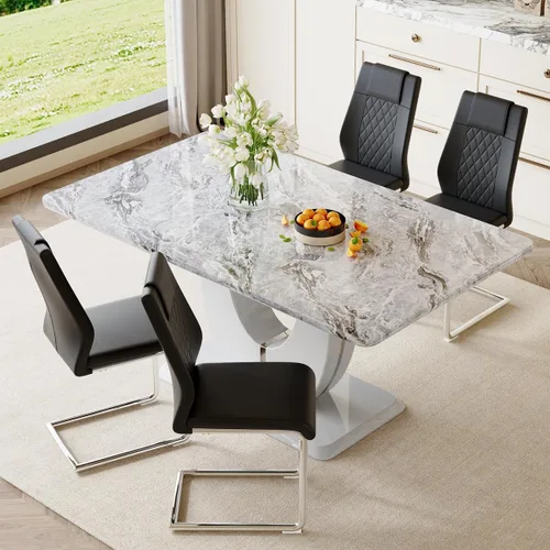 Vista 29 de JUFU Juego de mesa de comedor moderno para 4, juego de mesa de cocina rectangular de 63 pulgadas con mesa de mármol sintético y 4 sillas tapizadas