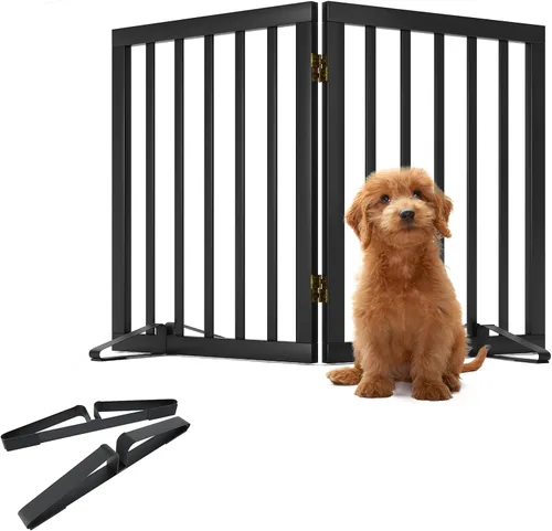 Vista 28 de Puerta plegable negra para mascotas de 18-55 pulgadas para escaleras y puertas, valla de puerta para cachorros
