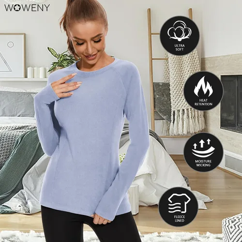 Vista 6 de WOWENY Camisas térmicas para mujer, forro polar, manga larga, capa base, parte superior de invierno Azul bebé