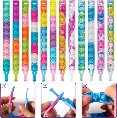 Vista 4 de Pulseras de reventar juguetes para la ansiedad, paquete de 24 juguetes a granel para fiestas para niños, pulseras Pop Fidget Toy Fidgets