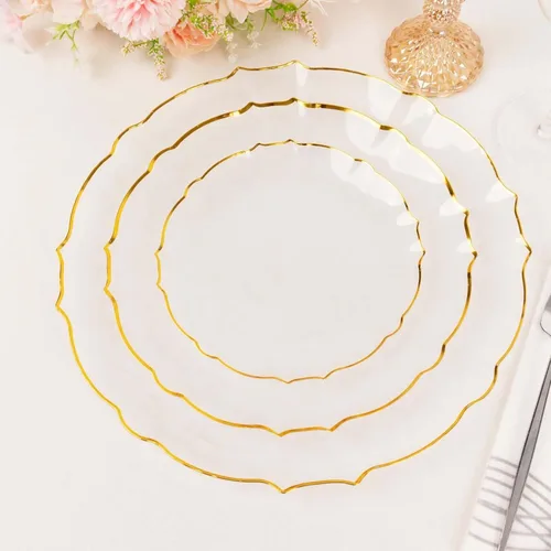 Vista 7 de Efavormart - Paquete de 10 platos de postre de plástico transparente con girasol con borde festoneado dorado, platos redondos desechables para Claro