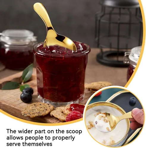 Vista 7 de 5 mini cucharas de helado para recipientes, mini cucharas doradas para servir dulces, acero inoxidable, mango corto, condimentos de sal, cucharas
