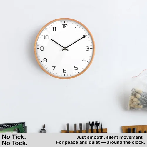 Vista 5 de Driini Reloj de pared analógico de cristal con cúpula (12 pulgadas), marco de madera con cara blanca, moderno, funciona con pilas y manos que