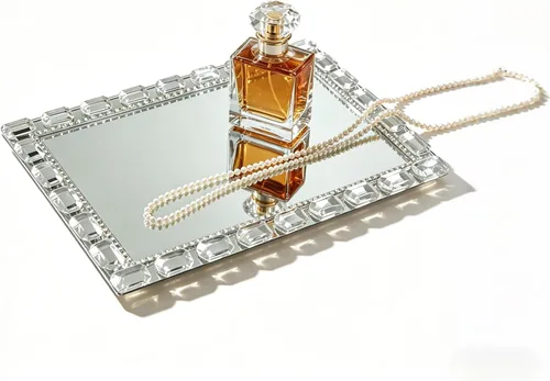 Vista 13 de Bandeja de cristal dorado, 11.8 x 7.9 pulgadas, bandeja decorativa de cristal para exhibición de perfumes cosméticos para una hermosa encimera