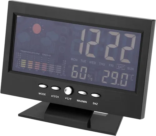 Vista 7 de Reloj digital, pantalla digital de temperatura y humedad con alarma, 12/24 horas conmutable para actividades y regalos