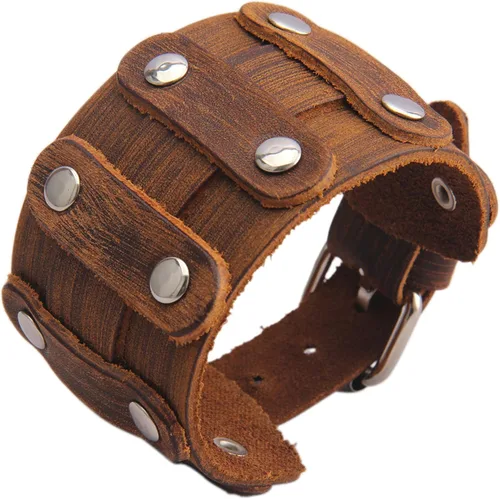 Vista 54 de Jeilwiy Pulseras de cuero punk para hombres, pulseras hechas a mano, brazalete ancho, joyería trenzada, color negro y marrón, ajustable, regalos