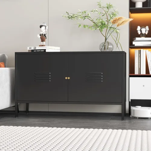 Vista 2 de Gabinete de almacenamiento de metal, soporte de TV de 2 puertas, armario decorativo con puertas y estante ajustable, armario de metal, mesita