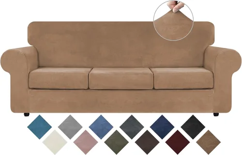 Vista 35 de WEERRW 4 Piezas Fundas de Terciopelo de Alta Elasticidad para Sofá de 3 Cojines Fundas de Sofá, Protector de Muebles Lavable con Parte Inferior
