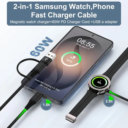 Vista 2 de Cable magnético de carga rápida Samsung para Galaxy Watch 8 Classic/8/7/Ultra/6/6/5 Pro/5/4/3/FE/2/2 en 1 USB A y USB C, cable de carga rápida de 6