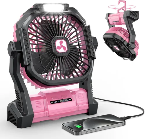 Vista 14 de ONLYNEW Ventilador portátil recargable de 20000 mAh, ventilador alimentado por batería inalámbrica con linterna LED, USB C operado por batería