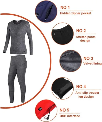 Vista 6 de Conjunto de ropa interior térmica para mujer, conjunto de pantalones largos con calefacción térmica eléctrica USB con forro polar y leggings