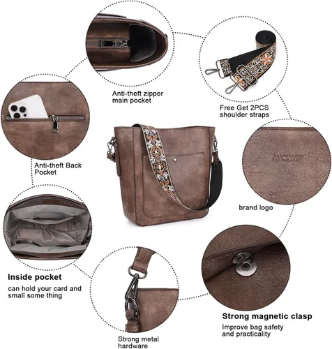Vista 6 de HKCLUF Vegan Leather Crossbody Bags for Women Large Capacity Boho Bucket Bag Crossbody Purse and Handbags With 2PCS Strap