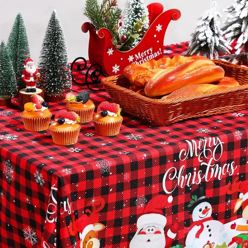 Vista 4 de Tiamon Mantel de Navidad para mesa rectangular, 60 x 104 pulgadas, lavable, diseño de búfalo rojo, muñeco de nieve, Papá Noel, decoración