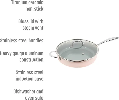 Vista 2 de Goodful Sartén de cerámica antiadherente de 4 cuartos de galón con tapa, ollas y sartenes aptas para lavavajillas, mango de acero inoxidable de Rubor