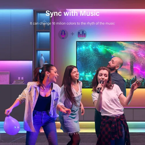 Vista 3 de Tiras de Luces LED, 50 pies RGB Inteligente con Sincronización Musical Bluetooth App y Control Remoto, Luces LED Alimentadas por USB para TV