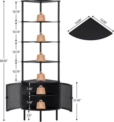 Vista 3 de Estante esquinero de 66.92 pulgadas de alto de 4 niveles, armario de baño esquinero con puertas de ratán de metal, estante de almacenamiento