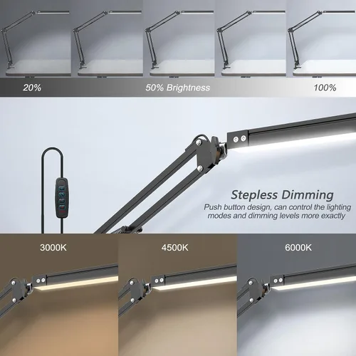 Vista 2 de Lámpara de escritorio LED, lámpara de escritorio ajustable con brazo oscilante con abrazadera, luz de escritorio regulable para el cuidado