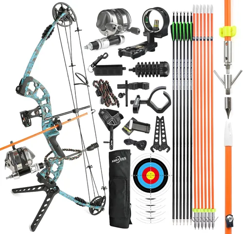 Vista 12 de Kit de arco compuesto de pesca con arco listo para pescar, con carrete de pesca de arco, flechas de pesca con arco mano derecha e izquierda