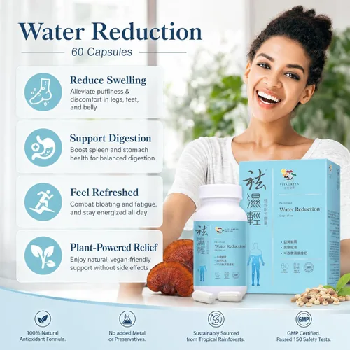 Vista 2 de Vita Green Suplemento de hongos para reducción de agua () – Fórmula herbaria para el control de la retención de agua, piernas y pies hinchados