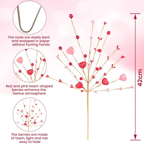 Vista 2 de 6 tallos de bayas artificiales con forma de corazón rosa y rojo para jarrón, ramas de imitación para boda, aniversario, día de San Valentín