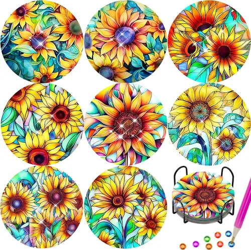 Vista 13 de TDOOW Posavasos de arte de diamante, 8 piezas de posavasos de pintura de diamante, kit de arte de diamantes de abeja para adultos, regalo