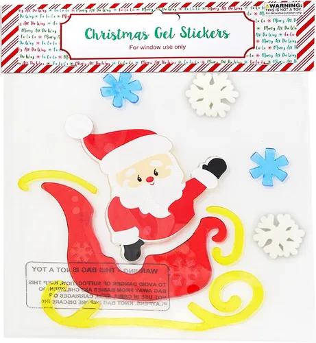 Vista 4 de 8 hojas de gel de Navidad para ventana, diseño de HO, Scooter con regalos, pingüino, gnomo, alegría, árbol de Navidad, Santa Sliegh, Feliz Navidad.