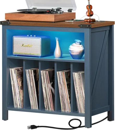 Vista 11 de Soporte grande para tocadiscos con estación de carga y luces LED, soporte de almacenamiento de discos de vinilo negro con capacidad para hasta 230