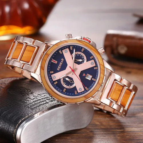 Vista 5 de RORIOS Reloj de madera para hombre multifunción cronógrafo reloj de madera natural hecho a mano reloj de cuarzo impermeable para hombre