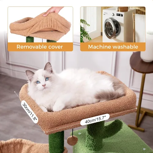 Vista 3 de Árbol de cactus para gatos, torre pequeña para gatos con poste rascador de 32 pulgadas con casa de condominio para gatos, hamaca acogedora y cama
