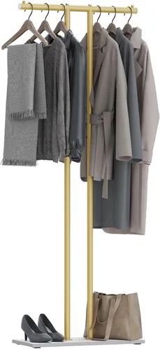 Vista 9 de OUTBROS Perchero de metal grande independiente con base de roca, negro Almacenamiento de ropa de pie para interiores, 23.6 pulgadas de ancho