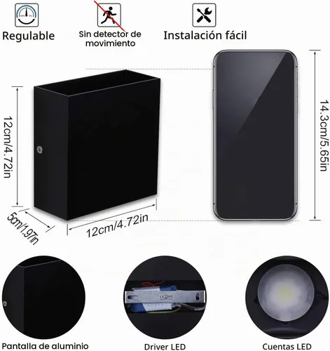 Vista 3 de Lightess Aplique de pared interior regulable de 10W, lámpara de pared LED moderna negra, luces de montaje en pared hacia arriba y hacia abajo, mini