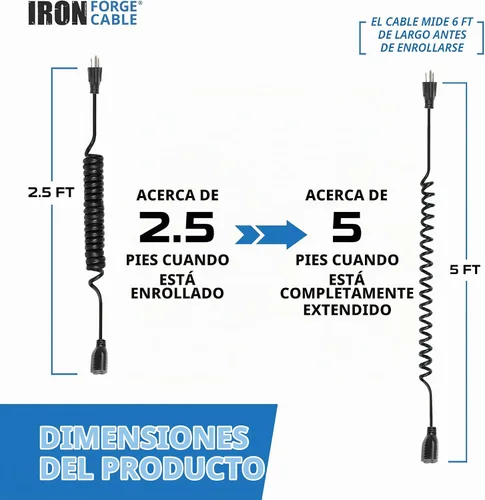 Vista 3 de Iron Forge Cable Cable de extensión en espiral negro calibre 16, 5 pies - 3