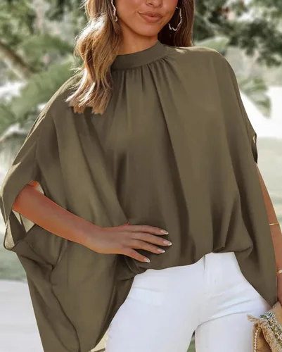 Vista 71 de BTFBM Blusas de verano para mujer, cuello alto falso, manga murciélago, holgadas, dobladillo alto y bajo, blusas informales de gran