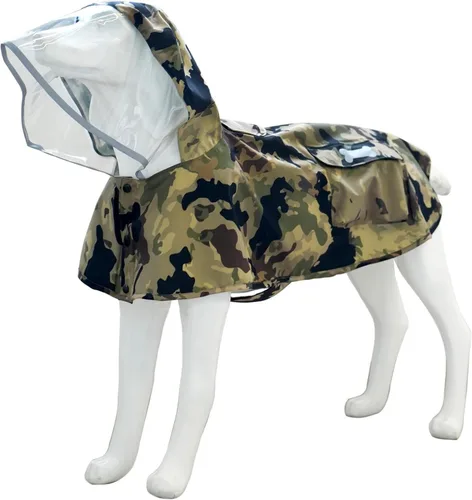 Vista 14 de Chubasquero impermeable para perros, ropa impermeable ajustable con tira reflectante y ligera con capucha tipo poncho (Verde Ejército, XS)