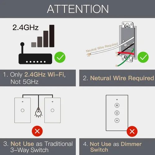 Vista 2 de Interruptor inteligente MOES táctil de pared, WiFi de 2.4 GHz con cable neutro requerido, control múltiple de 3 vías, panel de vidrio. Funciona