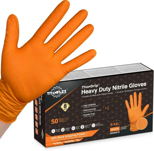 Vista 12 de TitanFlex Heavy Duty Orange Industrial Nitrile Gloves with Raised Diamond Texture, Latex Free (6mil/8mil)