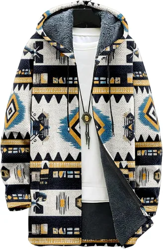 Vista 21 de Chaqueta de forro polar con capucha para hombre, con estampado azteca, de algodón pesado, con cremallera, manga larga, chaqueta con capucha