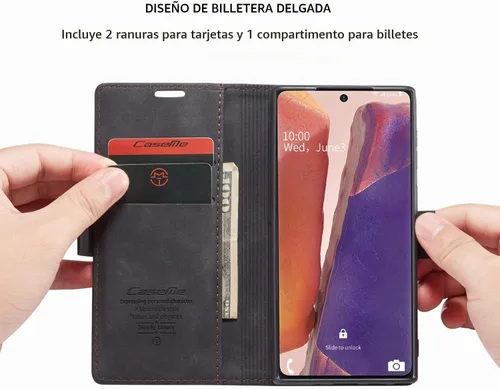 Vista 3 de Funda tipo cartera para Samsung Galaxy Note 20, piel sintética retro, cierre magnético, con ranuras para tarjetas, bolsillos para efectivo con Negro