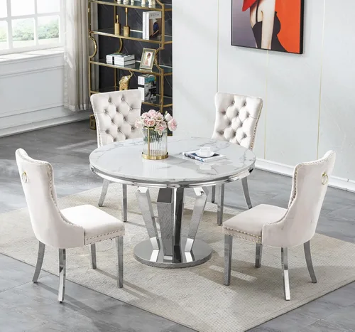 Vista 13 de Juego de mesa de comedor de mármol sintético de oro blanco de 47 pulgadas para 2, juego de mesa de comedor de cocina de 3 piezas, juego de mesa