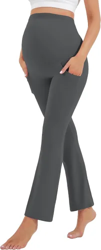 Vista 5 de HEGALY Leggings acampanados de maternidad para mujer sobre el vientre, pantalones casuales de yoga para embarazo, con bolsillos, suaves como