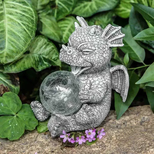 Vista 4 de Estatua de Dragón de Jardín con Energía Solar Figura Luminosa para Exteriores Decoración Linda que Sostiene Bola de Cristal Brillante Escultura
