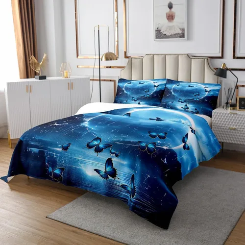 Vista 3 de Feelyou Juego de colcha para niños, diseño de mariposa verde azulado, tamaño individual, luna sobre océano, para niños y adolescentes, decoración