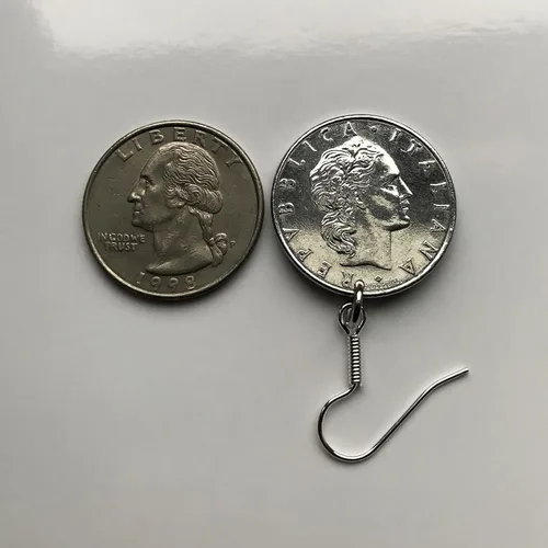 Vista 7 de 1959 Italy 50 Lire coin earrings Italian jewelry Vulcan blacksmith Roma Milan Florence Venice Verona Genoa Perugia Palermo Bologna Torino Napoli