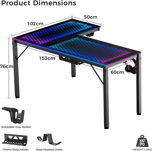 Vista 3 de EUREKA ERGONOMIC Escritorio de Juegos en Forma de L Reversible de 60 Pulgadas de Vidrio Negro con Luces LED RGB, Mesa de Computadora para Oficina