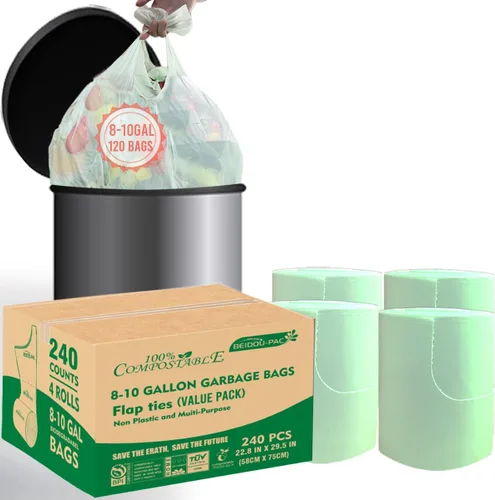 Vista 23 de BEIDOU-PAC Bolsas de basura compostables certificadas de 1.6 galones con asa, 125 bolsas de basura pequeñas de compost para cocina, bolsas de basura
