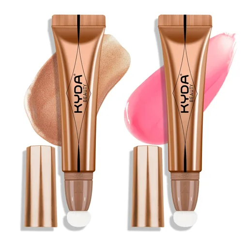 Vista 10 de KYDA Varita iluminadora líquida, iluminador facial brillante para construir, resaltador brillante, bronceador, cobertura suave mezclable con Dorado
